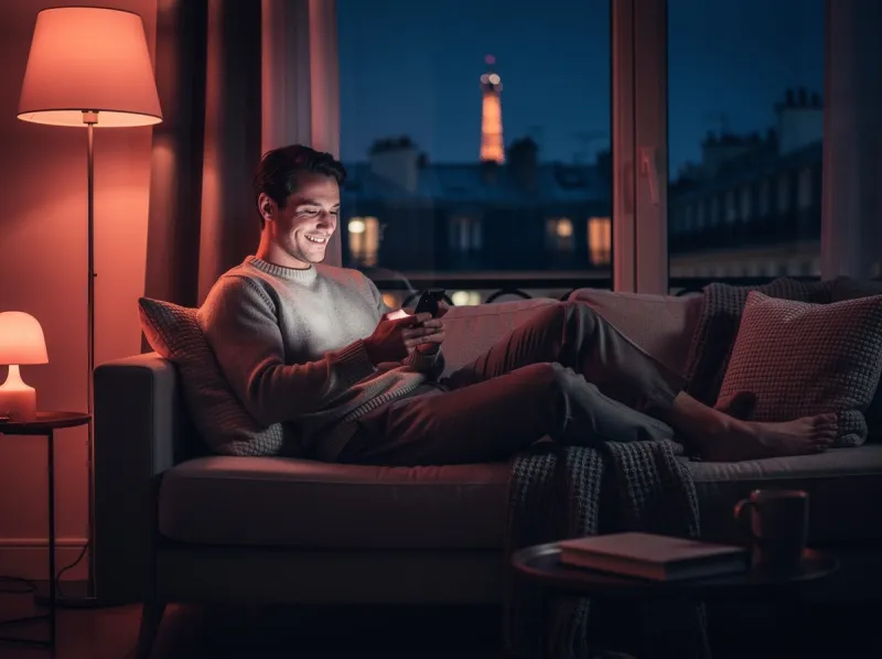 Homme qui discute en souriant sur son téléphone, les toits de Paris derrière la fenêtre