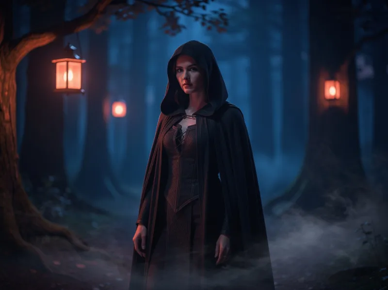 Personnage en cape dans une forêt la nuit, ambiance jeu de rôle