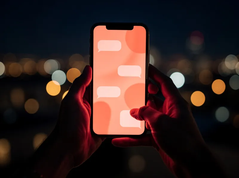 Mains qui tiennent un smartphone dont l'écran affiche une conversation