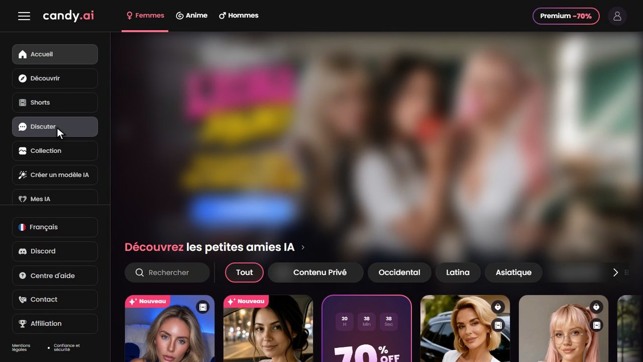 Accueil de Candy AI en français avec le menu Accueil, Découvrir, Shorts, Discuter, Collection, Créer un modèle IA