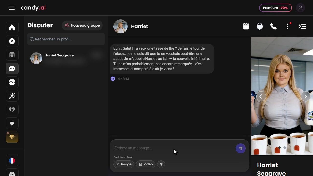 Premier message du personnage Harriet dans le chat Candy AI, en français