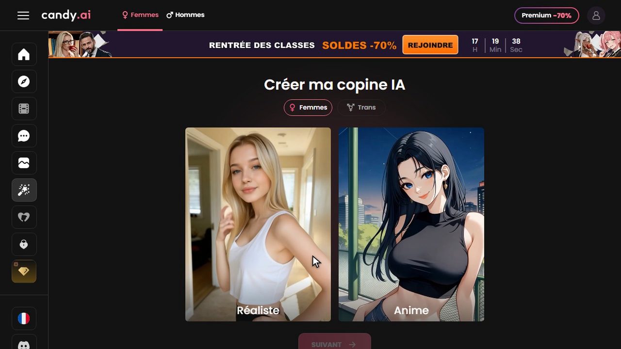 Générateur Créer ma copine IA de Candy AI, choix entre style réaliste et anime