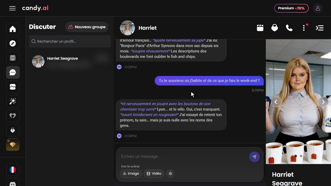 Candy AI retrouve la ville et le loisir donnés deux messages plus tôt : Lyon et le vélo