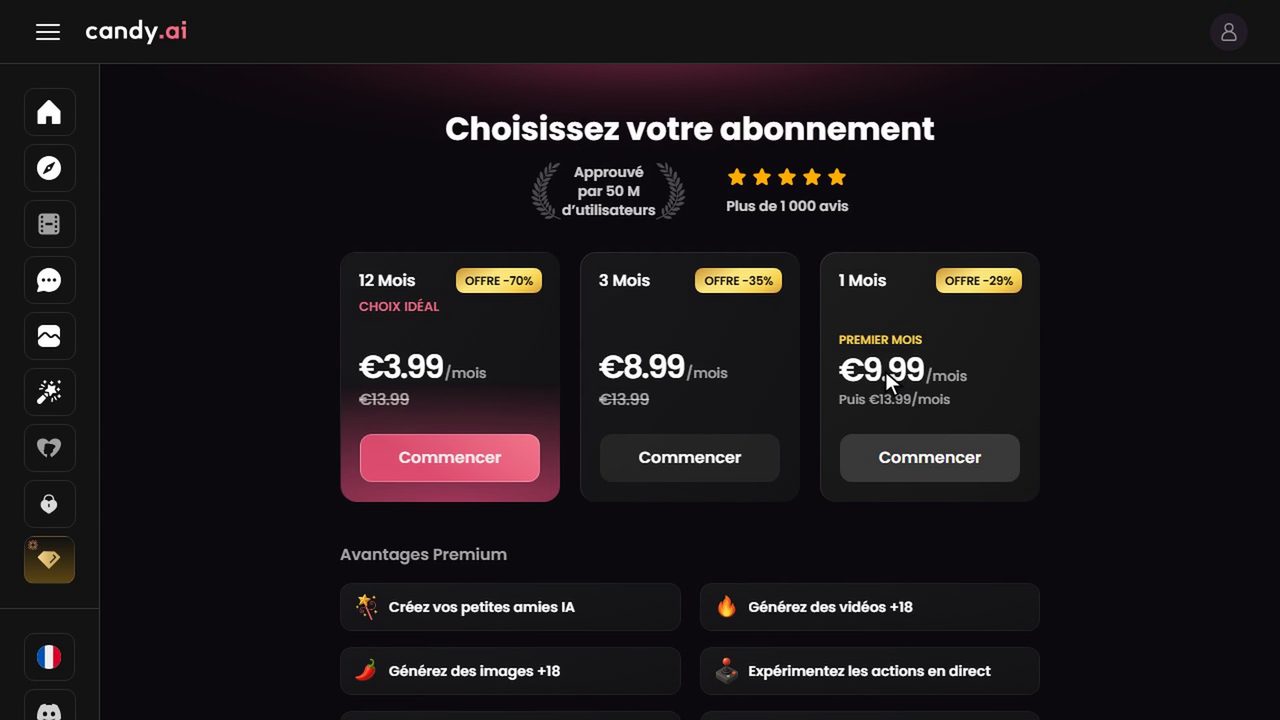 Page d'abonnement Candy AI en euros : 12 mois 3,99 €, 3 mois 8,99 €, 1 mois 9,99 €