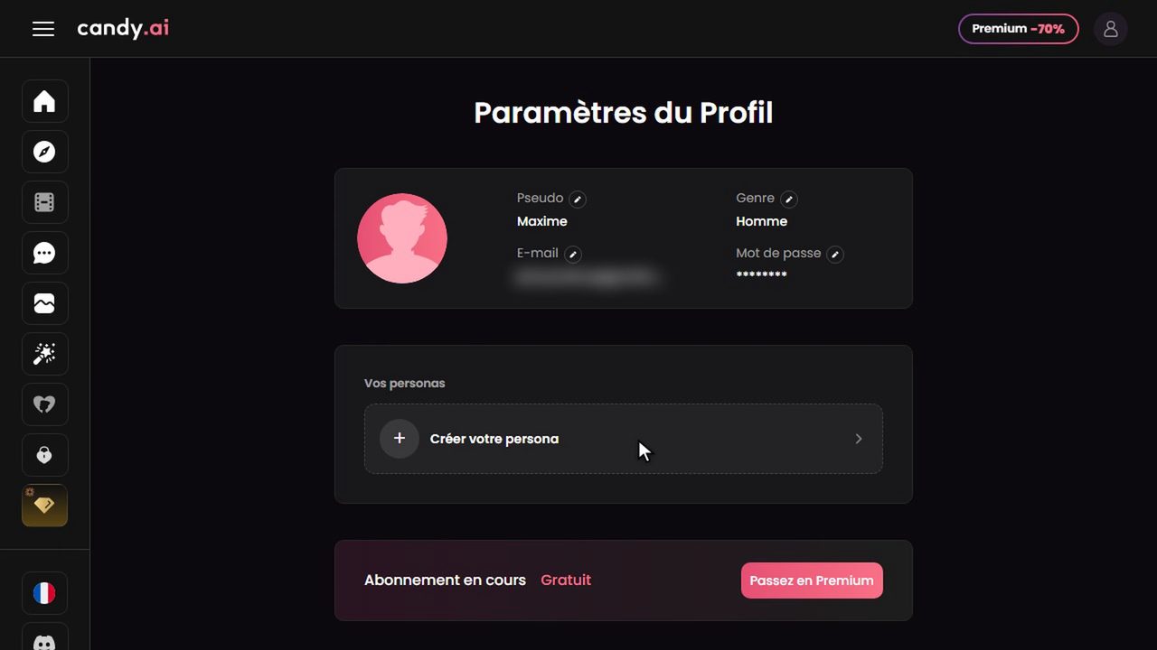 Paramètres du profil Candy AI : pseudo, genre, personas et abonnement en cours Gratuit