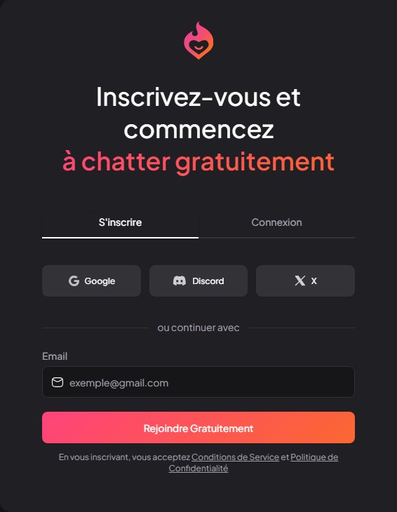 Fenêtre d'inscription My Dream Companion : Google, Discord, X ou e-mail