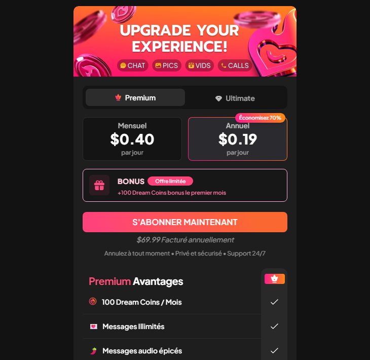 Page d'abonnement My Dream Companion : Premium 0,19 $ par jour en annuel, soit 69,99 $ facturés par an