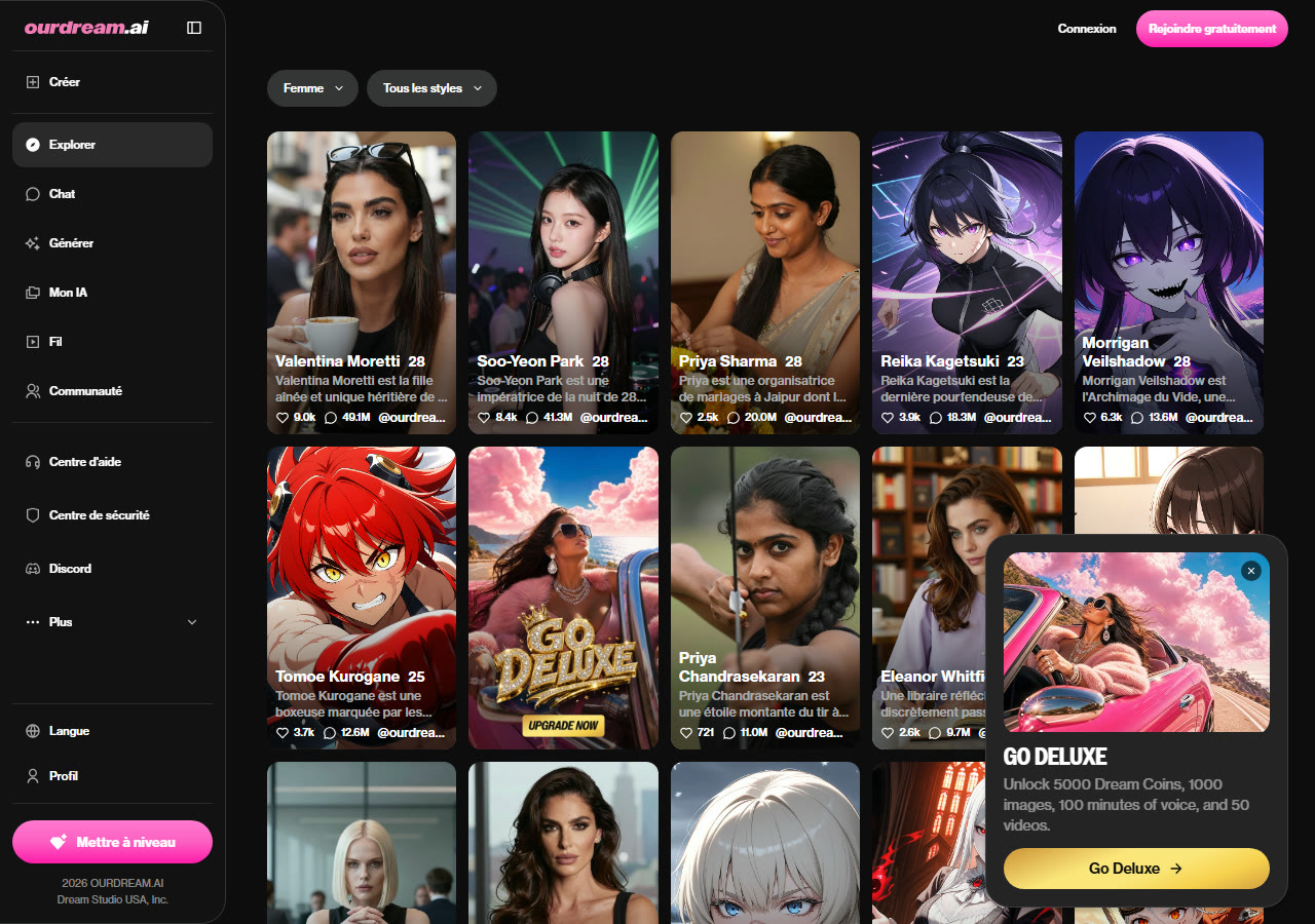 Catalogue OurDream en mode sûr : personnages réalistes et anime habillés, avec leur histoire