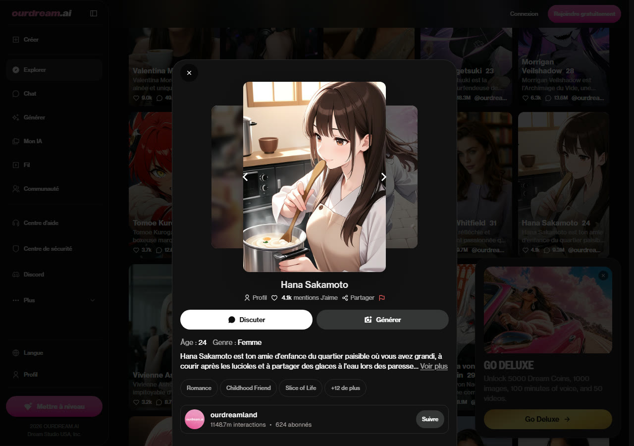 Fiche du personnage Hana Sakamoto sur OurDream : amie d'enfance, institutrice, boutons Discuter et Générer