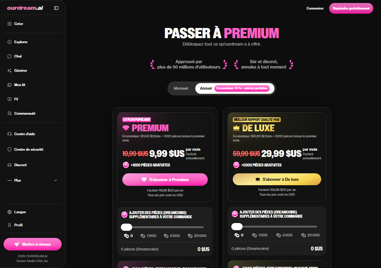 Page des abonnements OurDream : Premium 9,99 $ par mois en annuel, De luxe 29,99 $
