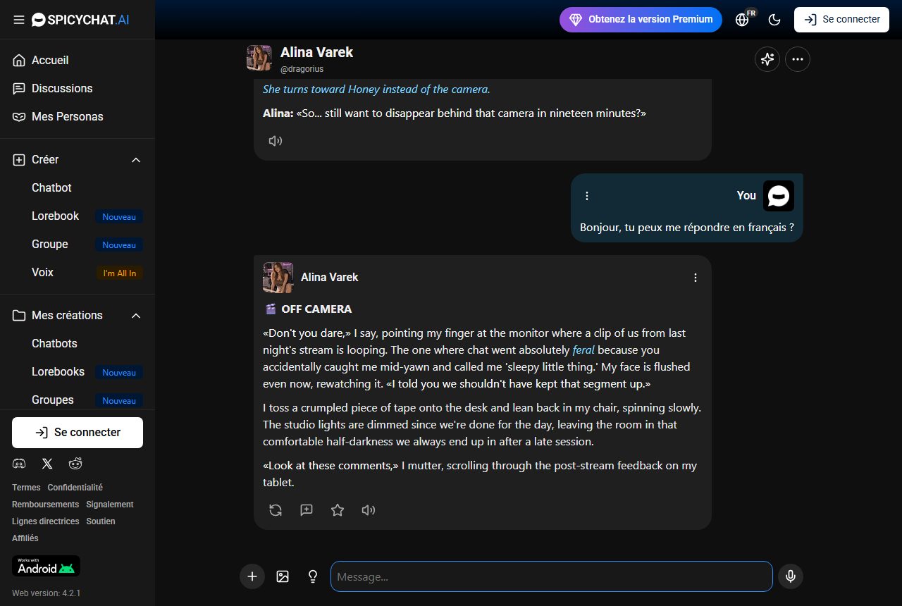 Personnage SpicyChat écrit en anglais qui répond en anglais à un message en français