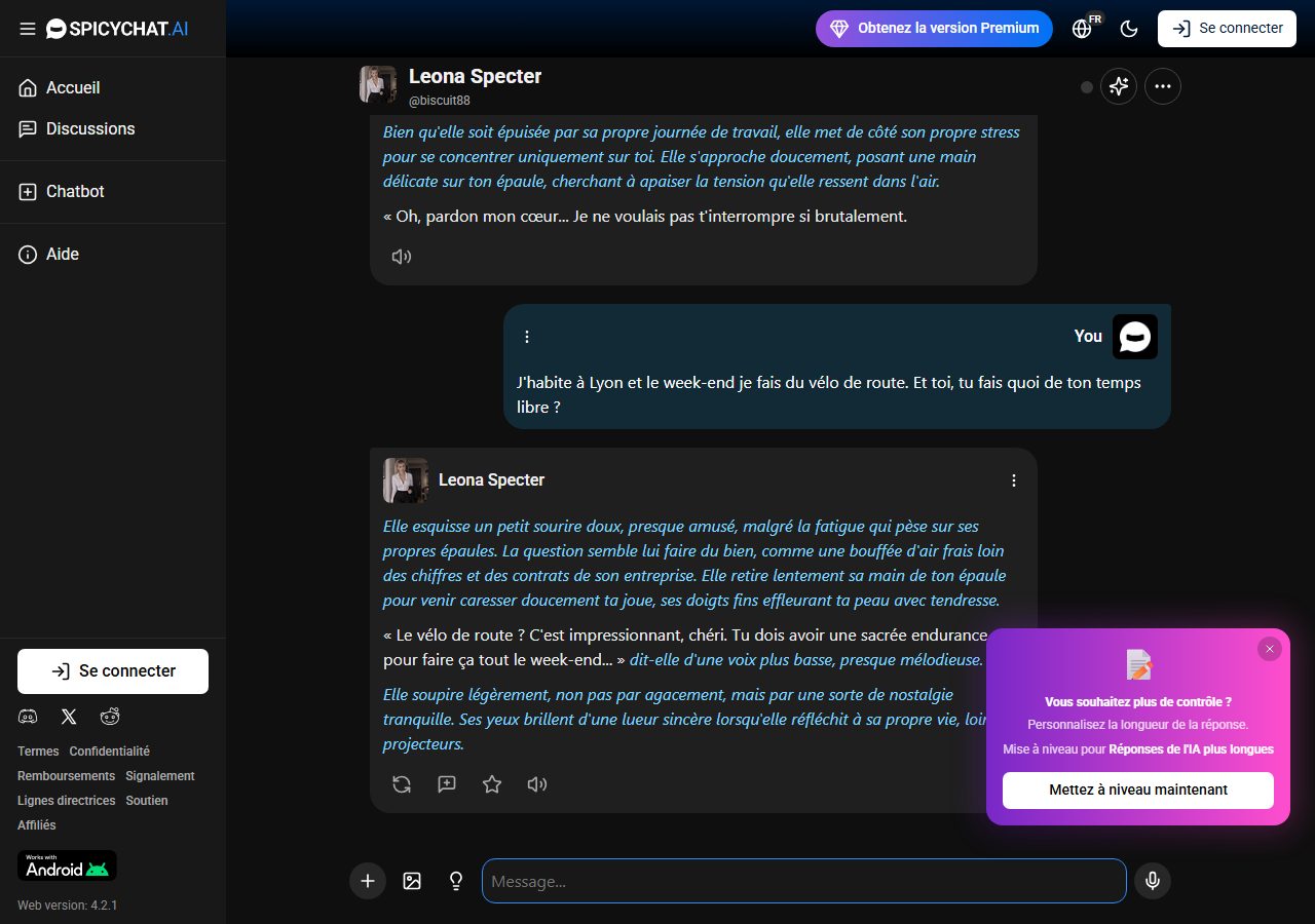 Conversation SpicyChat en français : le personnage rebondit sur le vélo de route