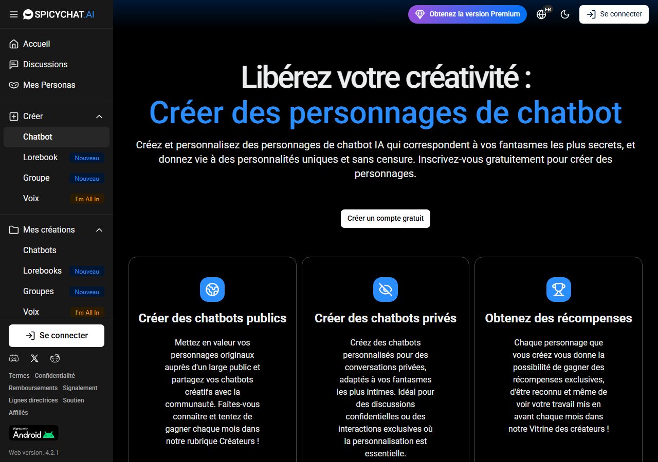 Page de création de personnage SpicyChat en français : chatbots publics ou privés