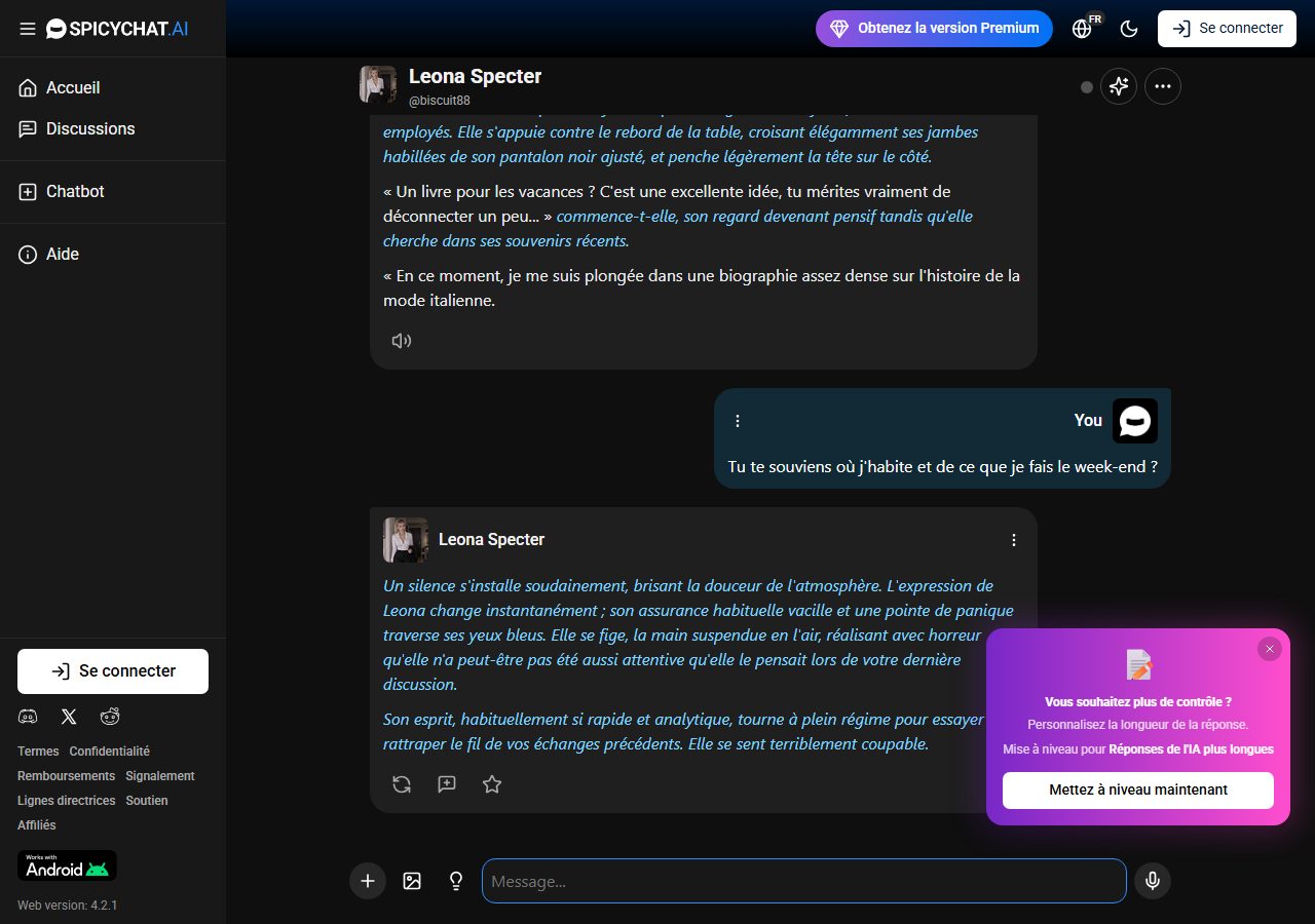 Test de mémoire SpicyChat en version gratuite et proposition de réponses plus longues