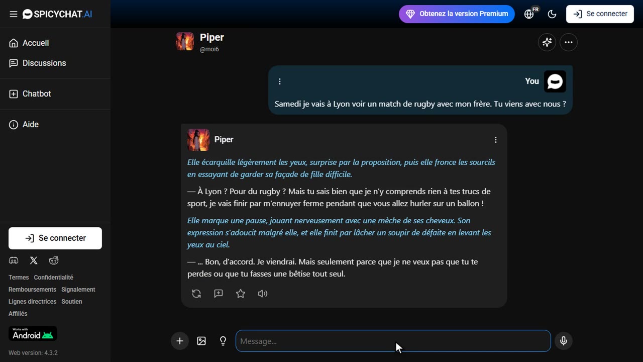 Conversation SpicyChat avec Piper : elle accepte de venir au match de rugby à Lyon