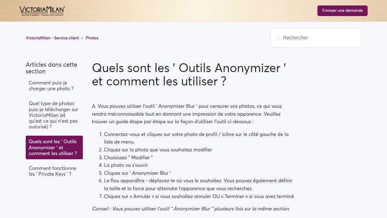 Centre d'aide Victoria Milan : les outils Anonymizer, flou et masque sur les photos