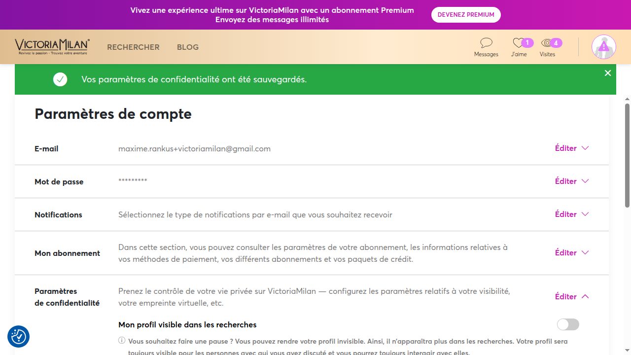 Paramètres de confidentialité Victoria Milan : interrupteur Mon profil visible dans les recherches