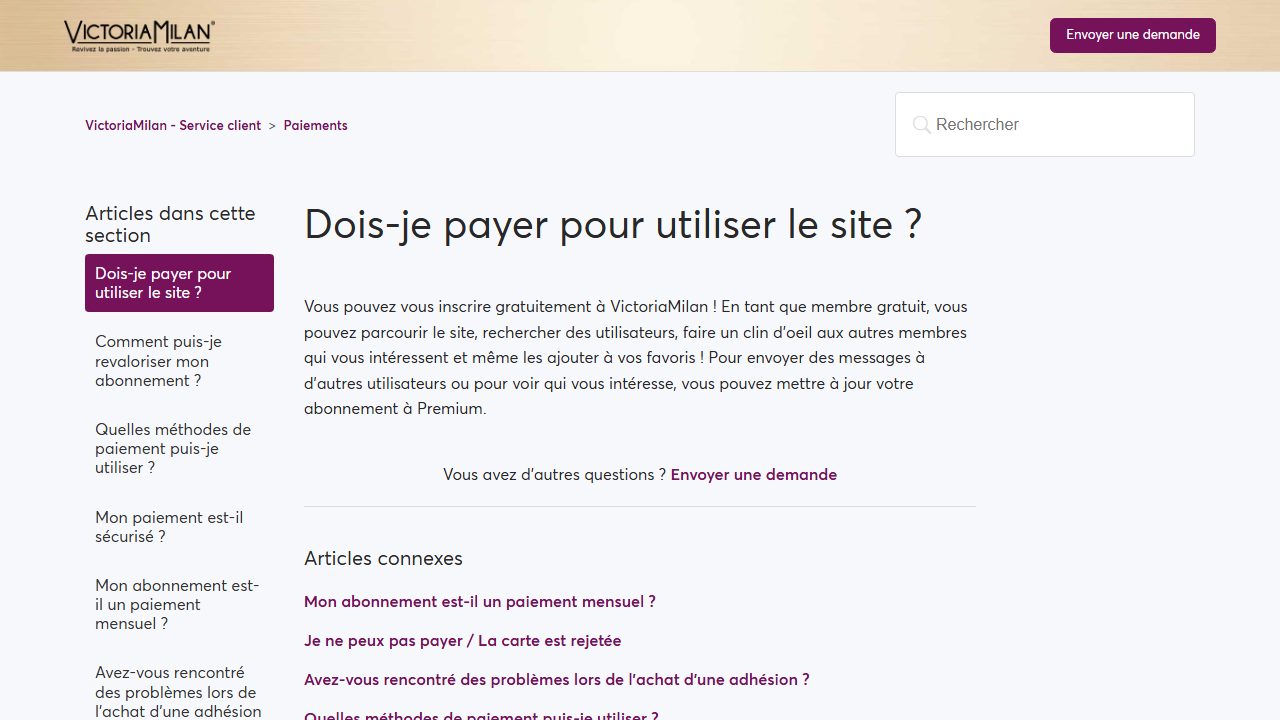 Centre d'aide Victoria Milan : Dois-je payer pour utiliser le site ?