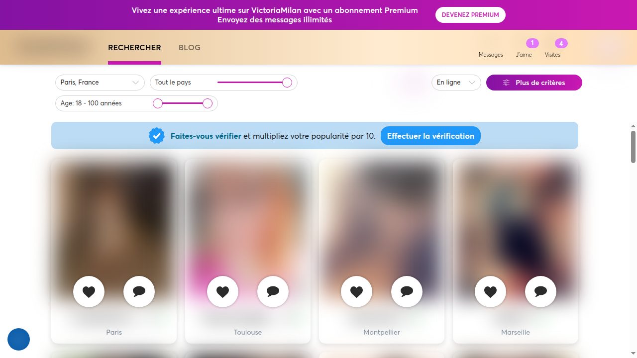 Recherche Victoria Milan sur mon compte, profils floutés : filtres ville, distance, âge, en ligne, bandeau de vérification